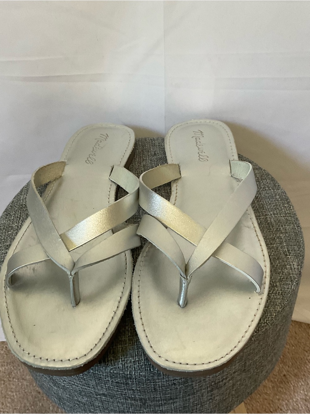 Madewell Boardwalk Metallic Silver Leather Crisscross Thong Sandals Size 10